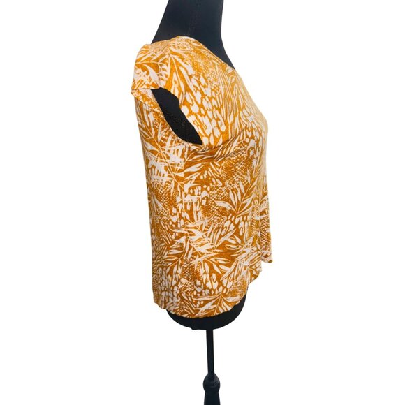 Christian Siriano 100% Linen Mustard Yellow Tropical Floral Back Button Top M - Picture 9 of 9